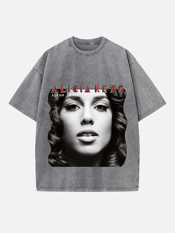 Alicia Keys Print Round Neck T-shirt