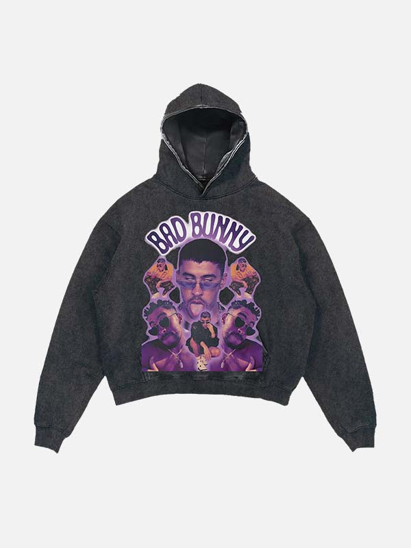 Bad Bunny Print Slant Pockets Hoodie