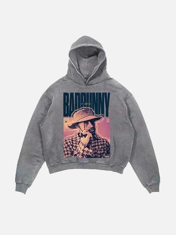 Bad Bunny Print Slant Pockets Hoodie