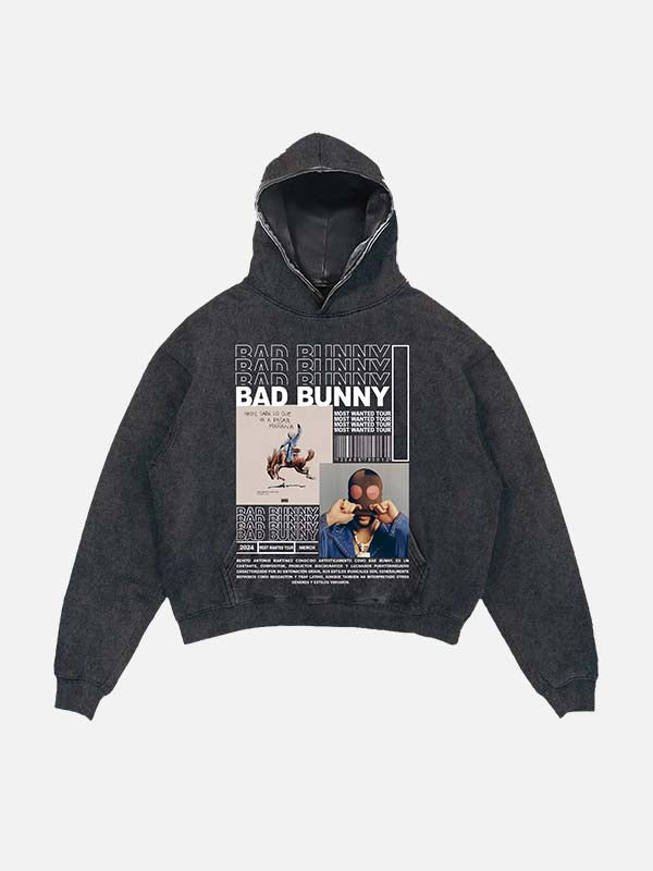 Bad Bunny Print Slant Pockets Hoodie
