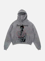 Bad Bunny Print Slant Pockets Hoodie