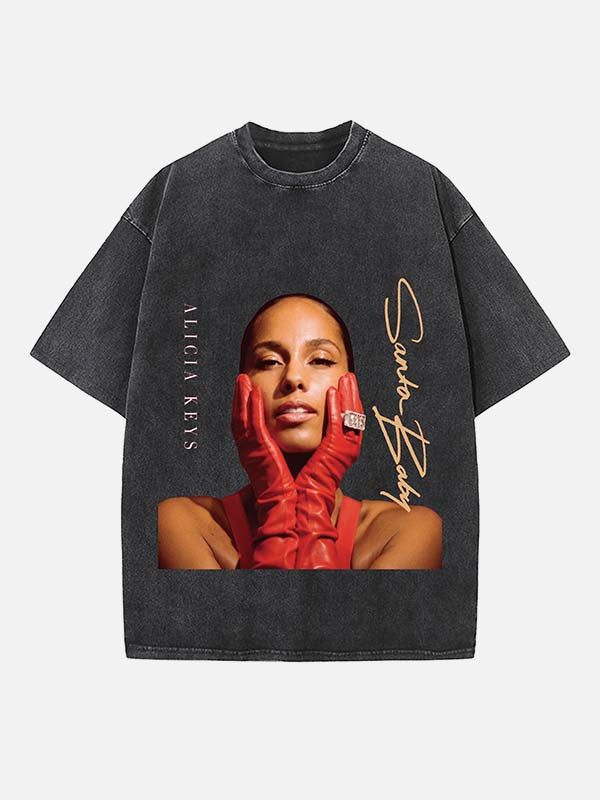 Alicia Keys Print Round Neck T-shirt