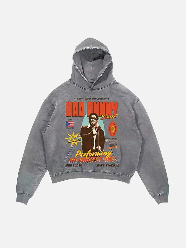 Bad Bunny Print Slant Pockets Hoodie