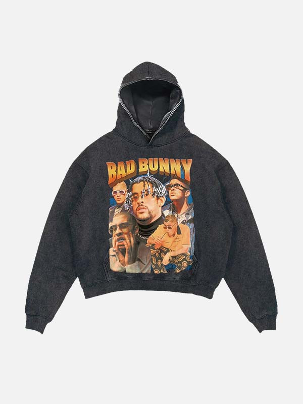 Bad Bunny Print Slant Pockets Hoodie