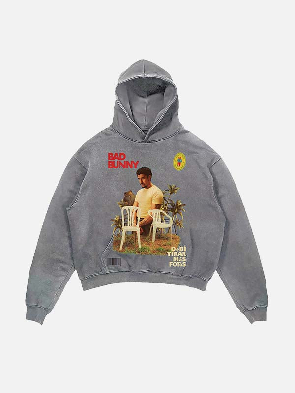 Bad Bunny Print Slant Pockets Hoodie