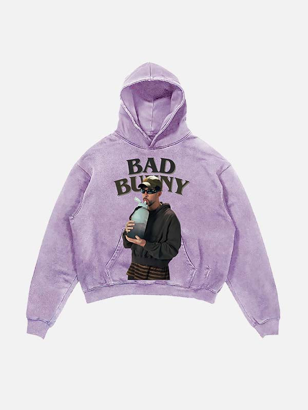 Bad Bunny Print Slant Pockets Hoodie