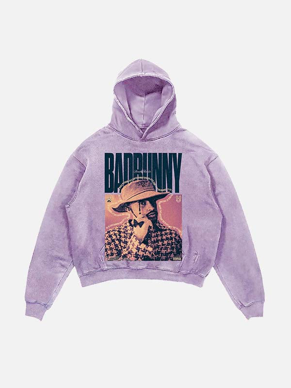 Bad Bunny Print Slant Pockets Hoodie