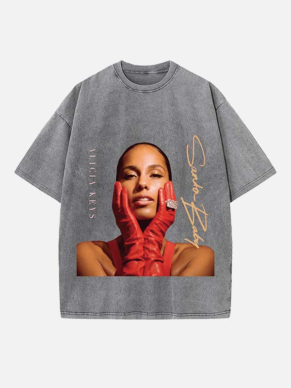 Alicia Keys Print Round Neck T-shirt