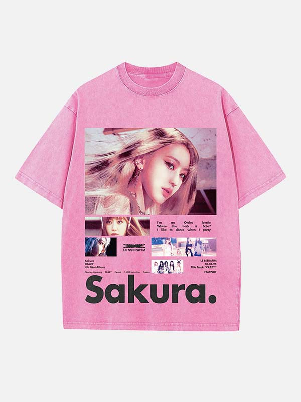 LE SSERAFIM Sakura Print Round Neck T-shirt