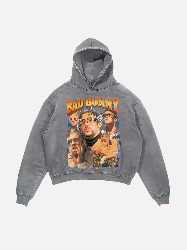 Bad Bunny Print Slant Pockets Hoodie