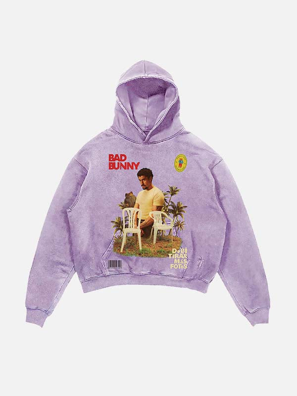 Bad Bunny Print Slant Pockets Hoodie