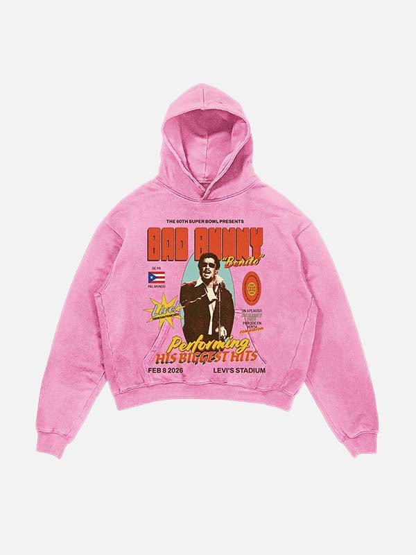 Bad Bunny Print Slant Pockets Hoodie