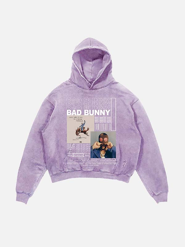 Bad Bunny Print Slant Pockets Hoodie