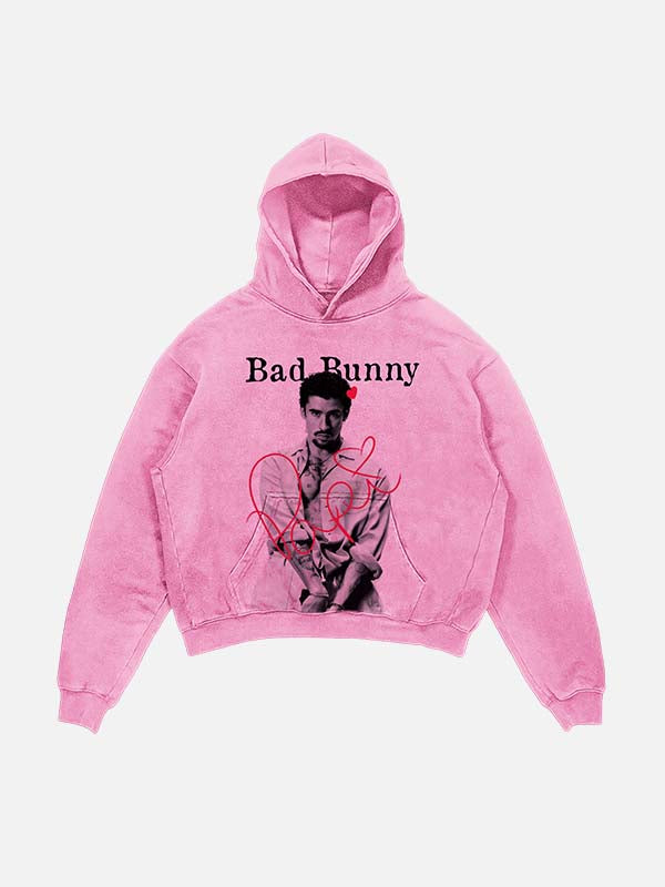 Bad Bunny Print Slant Pockets Hoodie