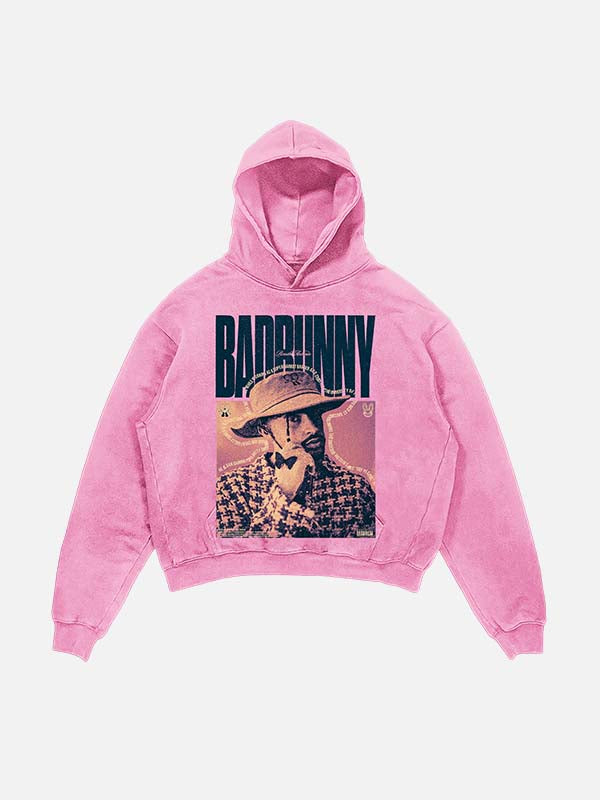 Bad Bunny Print Slant Pockets Hoodie