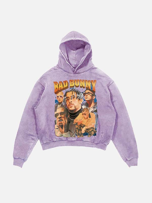 Bad Bunny Print Slant Pockets Hoodie