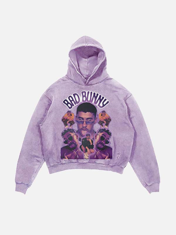 Bad Bunny Print Slant Pockets Hoodie
