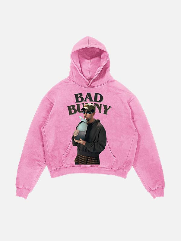 Bad Bunny Print Slant Pockets Hoodie