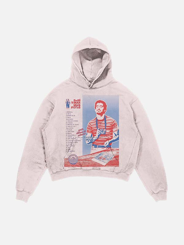 Bad Bunny Print Slant Pockets Hoodie