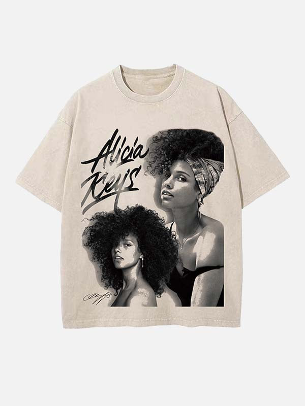 Alicia Keys Print Round Neck T-shirt