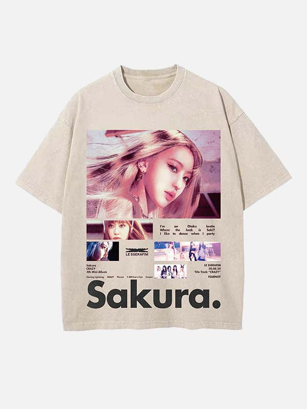 LE SSERAFIM Sakura Print Round Neck T-shirt