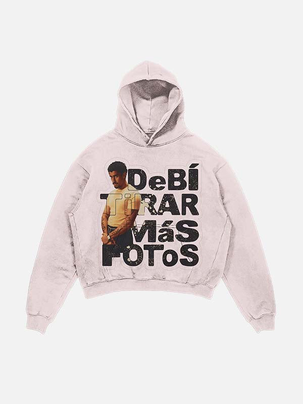 Bad Bunny Print Slant Pockets Hoodie