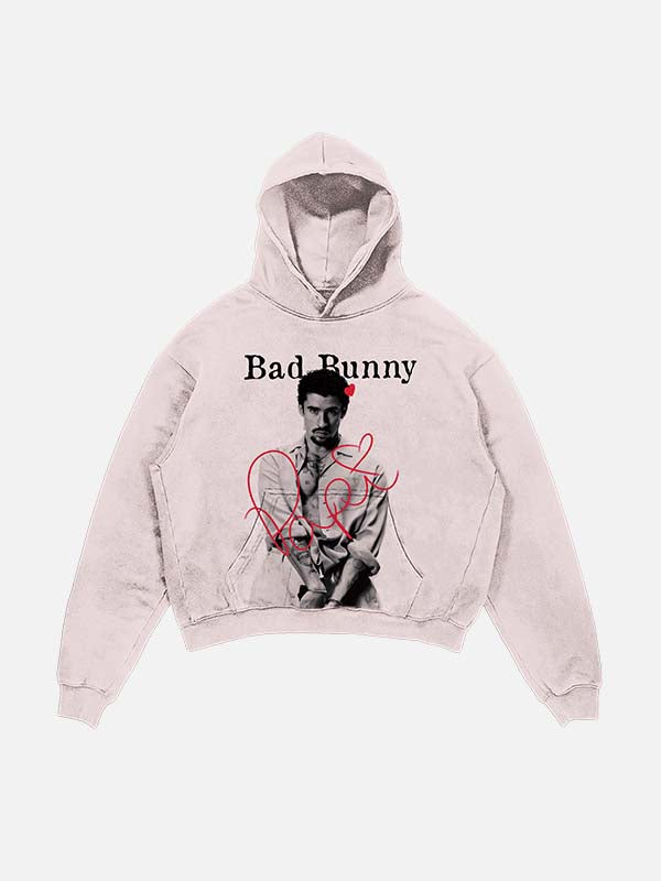 Bad Bunny Print Slant Pockets Hoodie