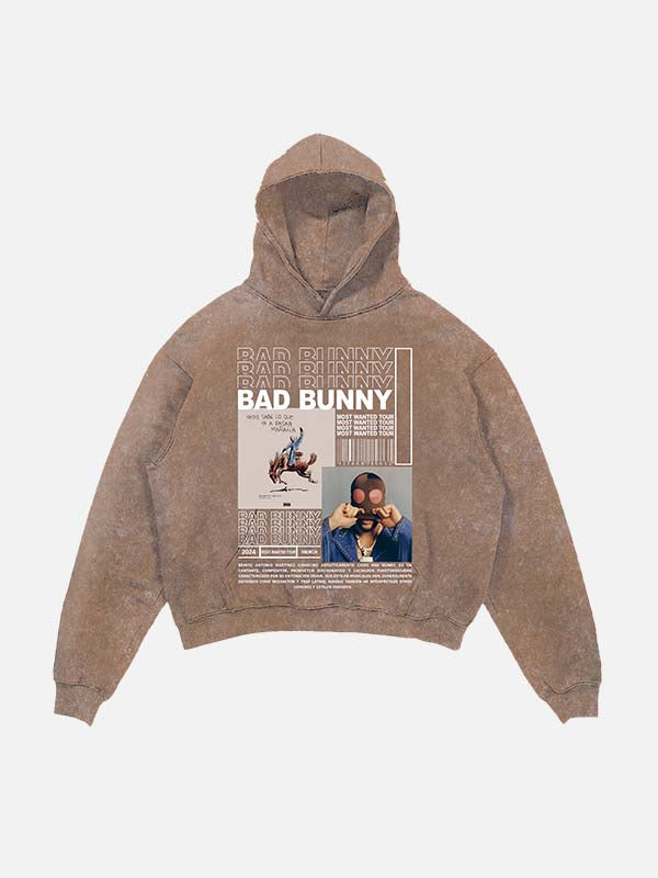 Bad Bunny Print Slant Pockets Hoodie