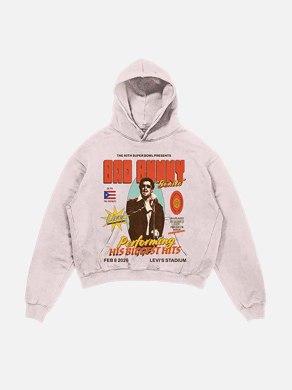 Bad Bunny Print Slant Pockets Hoodie