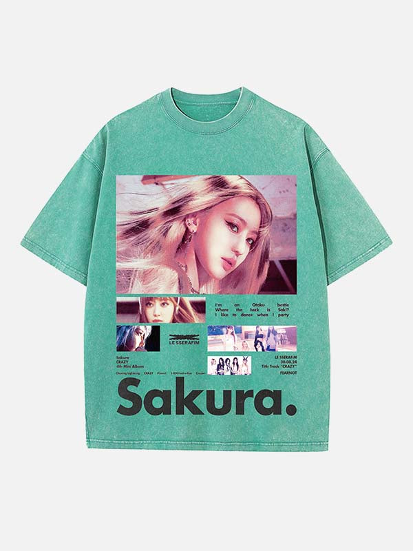 LE SSERAFIM Sakura Print Round Neck T-shirt