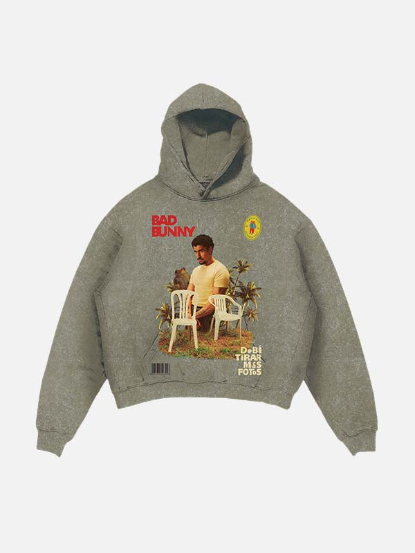 Bad Bunny Print Slant Pockets Hoodie