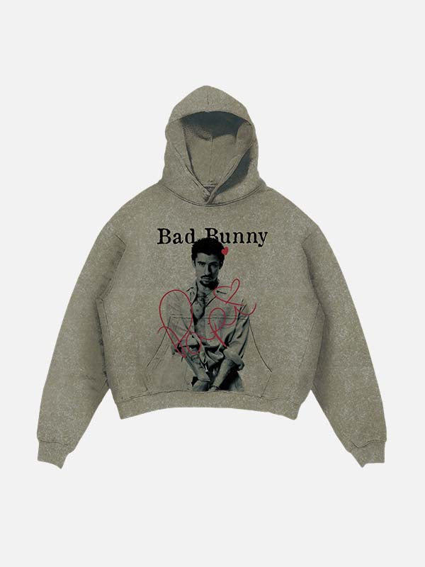 Bad Bunny Print Slant Pockets Hoodie