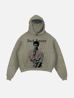Bad Bunny Print Slant Pockets Hoodie