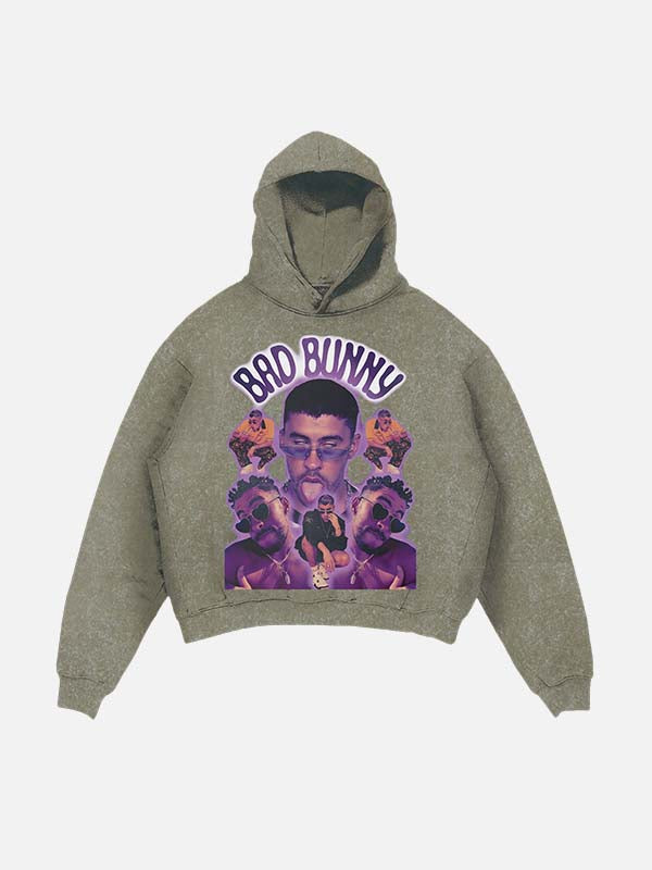 Bad Bunny Print Slant Pockets Hoodie