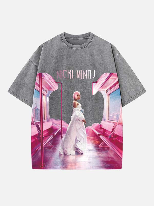 Distressed Washed Singer Figure&Letter Print Round Neck T-shirt