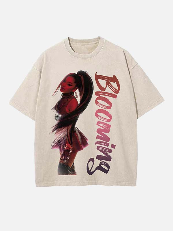 Distressed Washed Singer&Actor Figure&Letter Print Round Neck T-shirt