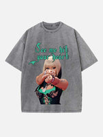 Distressed Washed Singer Figure&Letter Print Round Neck T-shirt
