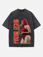 Distressed Washed Singer Figure&Letter Print Round Neck T-shirt