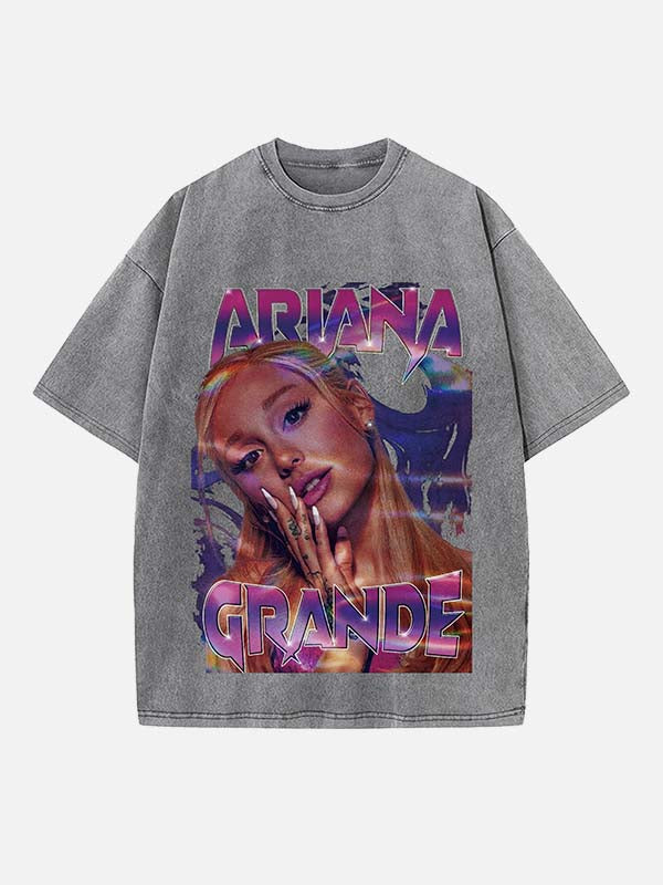 Distressed Washed Singer&Actor Figure&Letter Print Round Neck T-shirt