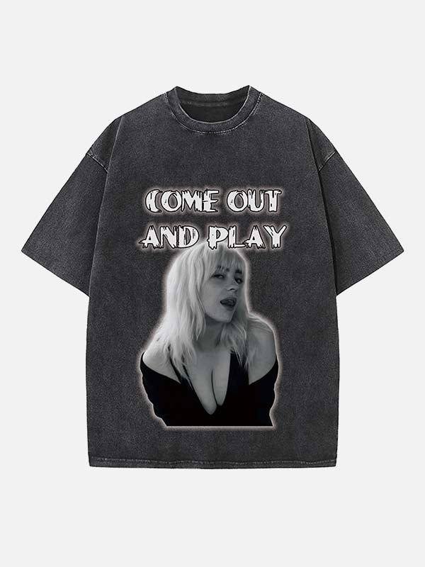 Distressed Washed Singer Figure&Letter Print Round Neck T-shirt