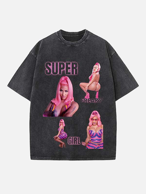 Distressed Washed Singer Figure&Letter Print Round Neck T-shirt