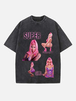 Distressed Washed Singer Figure&Letter Print Round Neck T-shirt