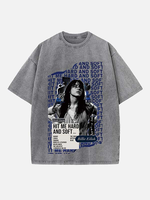 Distressed Washed Singer Figure&Letter Print Round Neck T-shirt