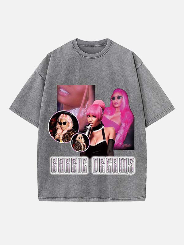 Distressed Washed Singer Figure&Letter Print Round Neck T-shirt