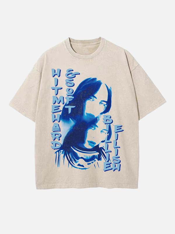 Distressed Washed Singer Figure&Letter Print Round Neck T-shirt