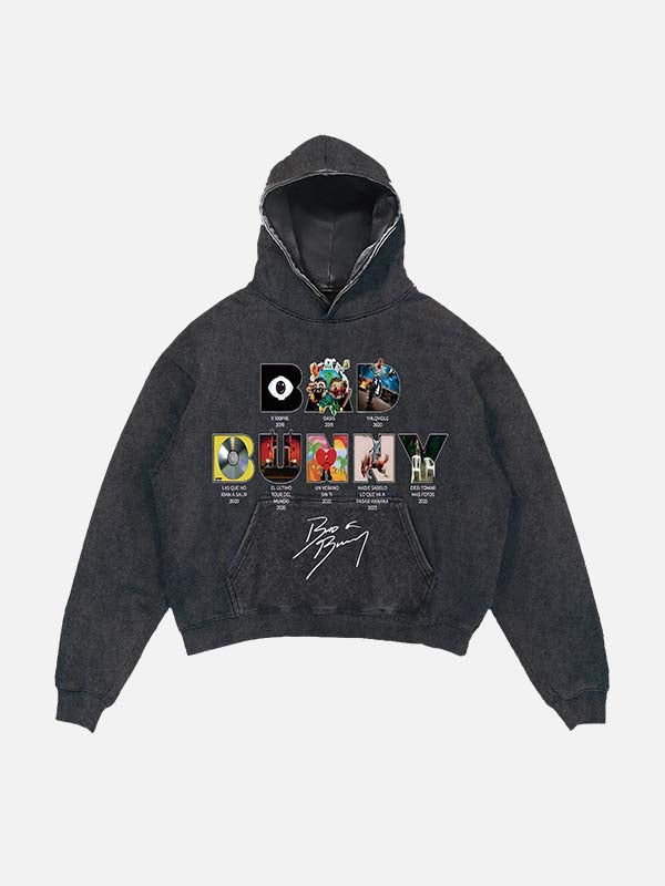 Bad Bunny Print Slant Pockets Hoodie