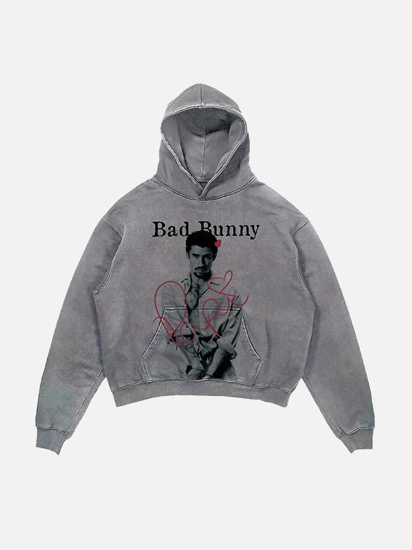 Bad Bunny Print Slant Pockets Hoodie