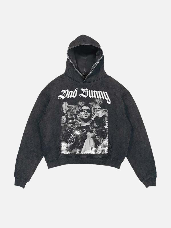 Bad Bunny Print Slant Pockets Hoodie