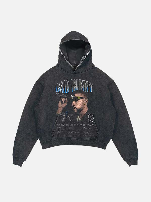 Bad Bunny Print Slant Pockets Hoodie