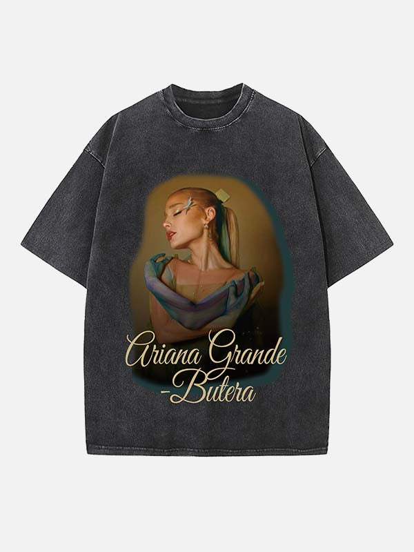 Distressed Washed Singer&Actor Figure&Letter Print Round Neck T-shirt